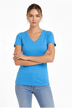 Kadın T-shirt V Yaka Slim Fit Likralı Tişört Günlük Basic Body - Açık Mavi
