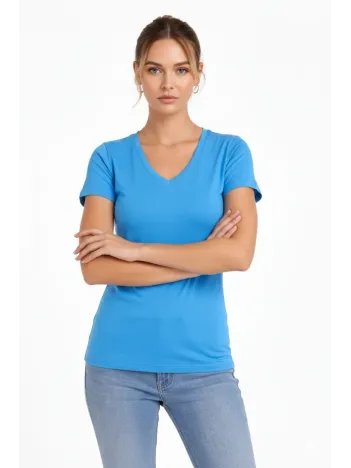 Kadın T-shirt V Yaka Slim Fit Likralı Tişört Günlük Basic Body - Açık Mavi