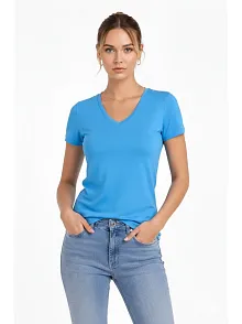 Kadın T-shirt V Yaka Slim Fit Likralı Tişört Günlük Basic Body - Açık Mavi