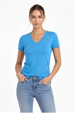 Kadın T-shirt V Yaka Slim Fit Likralı Tişört Günlük Basic Body - Açık Mavi Kadın T-shirt V Yaka Slim Fit Likralı Tişört Günlük Basic Body - Açık Mavi