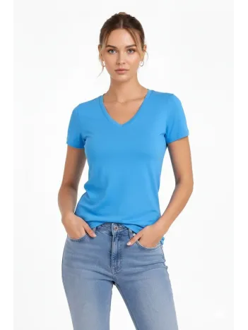 Kadın T-shirt V Yaka Slim Fit Likralı Tişört Günlük Basic Body - Açık Mavi Kadın T-shirt V Yaka Slim Fit Likralı Tişört Günlük Basic Body - Açık Mavi