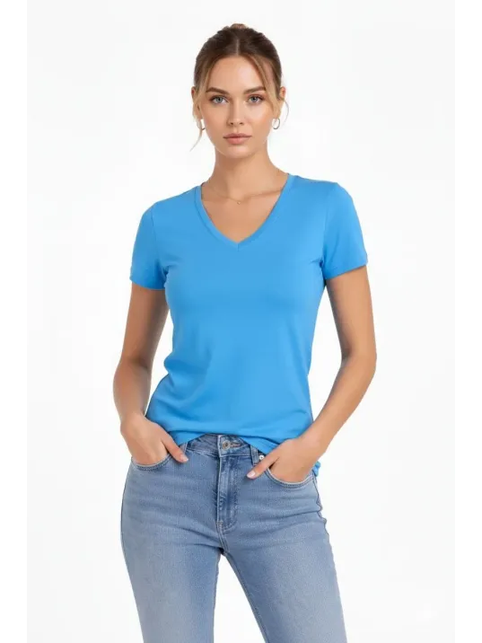 Kadın T-shirt V Yaka Slim Fit Likralı Tişört Günlük Basic Body - Açık Mavi
