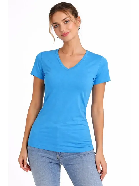 Kadın T-shirt V Yaka Slim Fit Likralı Tişört Günlük Basic Body - Açık Mavi