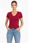 Kadın T-shirt V Yaka Slim Fit Likralı Tişört Günlük Basic Body - Bordo