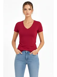Kadın T-shirt V Yaka Slim Fit Likralı Tişört Günlük Basic Body - Bordo