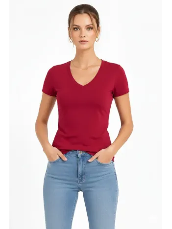 Kadın T-shirt V Yaka Slim Fit Likralı Tişört Günlük Basic Body - Bordo Kadın T-shirt V Yaka Slim Fit Likralı Tişört Günlük Basic Body - Bordo