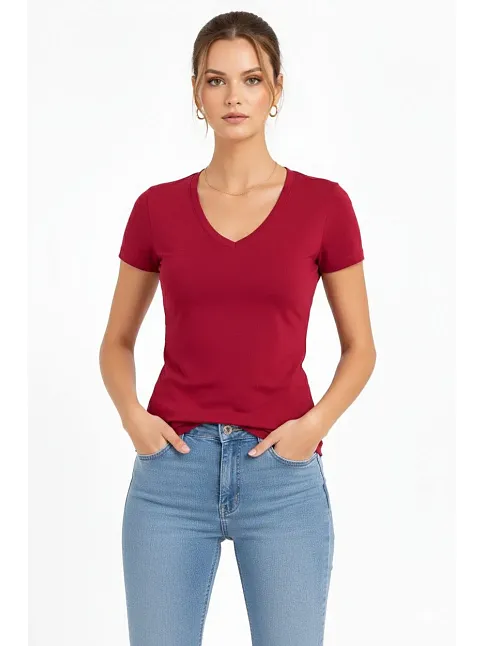 Kadın T-shirt V Yaka Slim Fit Likralı Tişört Günlük Basic Body - Bordo