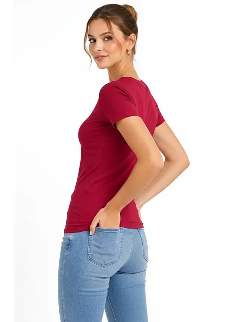 Kadın T-shirt V Yaka Slim Fit Likralı Tişört Günlük Basic Body - Bordo