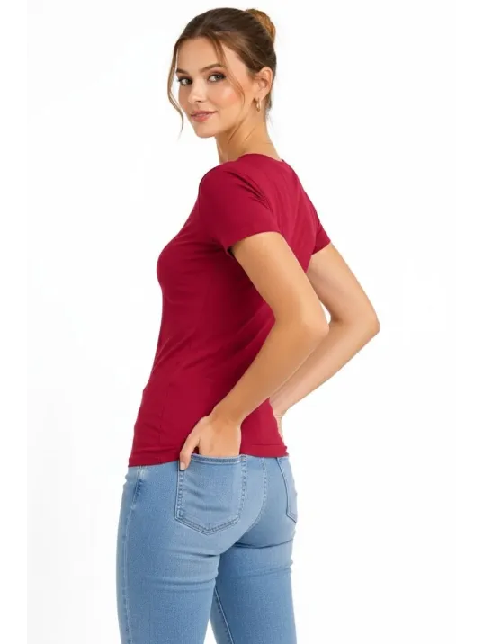 Kadın T-shirt V Yaka Slim Fit Likralı Tişört Günlük Basic Body - Bordo Kadın T-shirt V Yaka Slim Fit Likralı Tişört Günlük Basic Body - Bordo