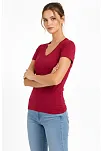 Kadın T-shirt V Yaka Slim Fit Likralı Tişört Günlük Basic Body - Bordo