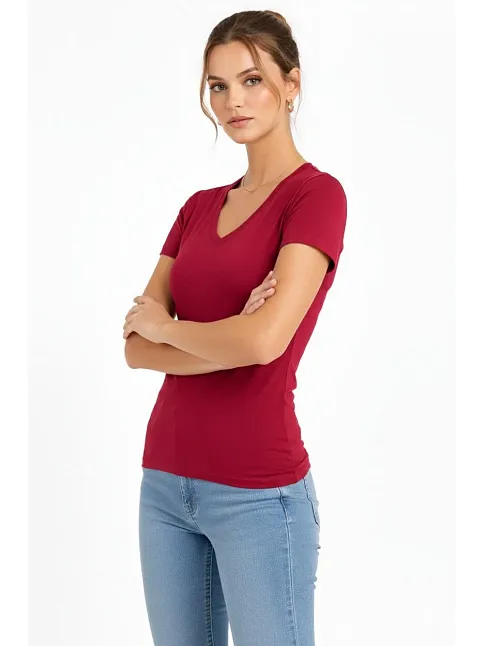 Kadın T-shirt V Yaka Slim Fit Likralı Tişört Günlük Basic Body - Bordo