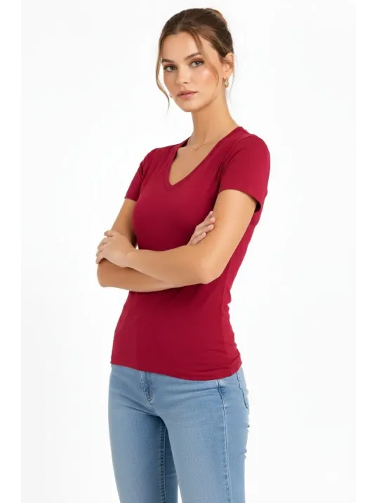 Kadın T-shirt V Yaka Slim Fit Likralı Tişört Günlük Basic Body - Bordo Kadın T-shirt V Yaka Slim Fit Likralı Tişört Günlük Basic Body - Bordo