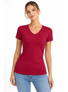 Kadın T-shirt V Yaka Slim Fit Likralı Tişört Günlük Basic Body - Bordo