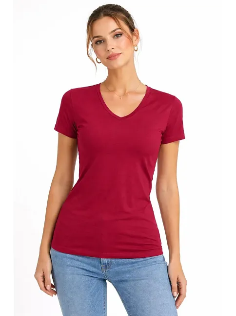 Kadın T-shirt V Yaka Slim Fit Likralı Tişört Günlük Basic Body - Bordo