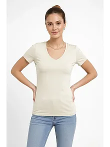 Kadın T-shirt V Yaka Slim Fit Likralı Tişört Günlük Basic Body - Taş