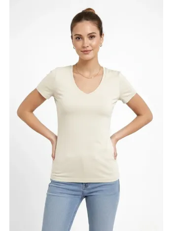 Kadın T-shirt V Yaka Slim Fit Likralı Tişört Günlük Basic Body - Taş
