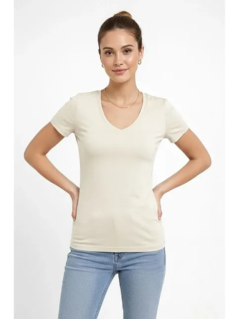 Kadın T-shirt V Yaka Slim Fit Likralı Tişört Günlük Basic Body - Taş