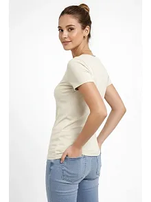 Kadın T-shirt V Yaka Slim Fit Likralı Tişört Günlük Basic Body - Taş
