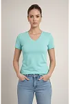 Kadın T-shirt V Yaka Slim Fit Likralı Tişört Günlük Basic Body - Turkuvaz