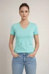 Kadın T-shirt V Yaka Slim Fit Likralı Tişört Günlük Basic Body - Turkuvaz Kadın T-shirt V Yaka Slim Fit Likralı Tişört Günlük Basic Body - Turkuvaz