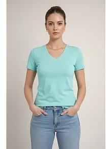 Kadın T-shirt V Yaka Slim Fit Likralı Tişört Günlük Basic Body - Turkuvaz