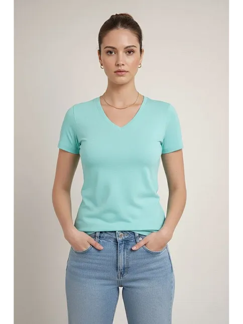 Kadın T-shirt V Yaka Slim Fit Likralı Tişört Günlük Basic Body - Turkuvaz