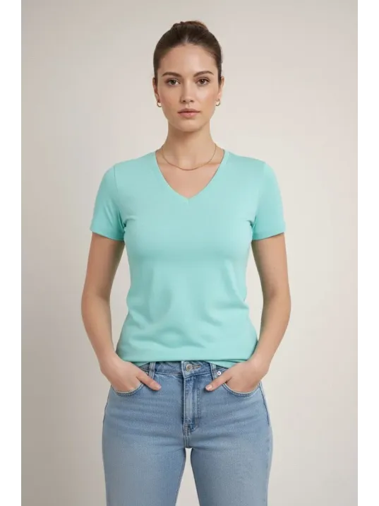 Kadın T-shirt V Yaka Slim Fit Likralı Tişört Günlük Basic Body - Turkuvaz Kadın T-shirt V Yaka Slim Fit Likralı Tişört Günlük Basic Body - Turkuvaz
