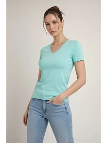 Kadın T-shirt V Yaka Slim Fit Likralı Tişört Günlük Basic Body - Turkuvaz