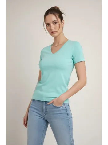 Kadın T-shirt V Yaka Slim Fit Likralı Tişört Günlük Basic Body - Turkuvaz