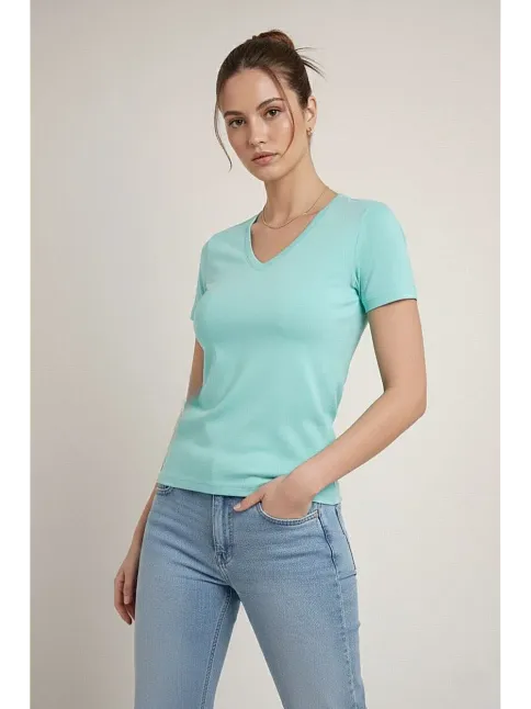 Kadın T-shirt V Yaka Slim Fit Likralı Tişört Günlük Basic Body - Turkuvaz