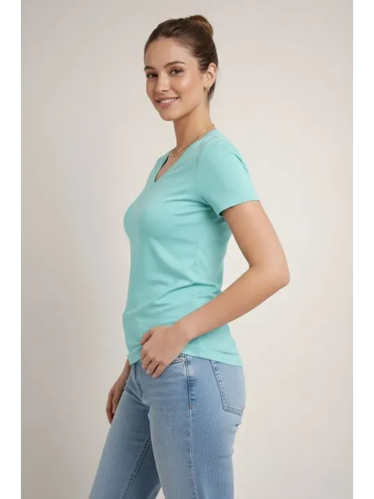 Kadın T-shirt V Yaka Slim Fit Likralı Tişört Günlük Basic Body - Turkuvaz Kadın T-shirt V Yaka Slim Fit Likralı Tişört Günlük Basic Body - Turkuvaz