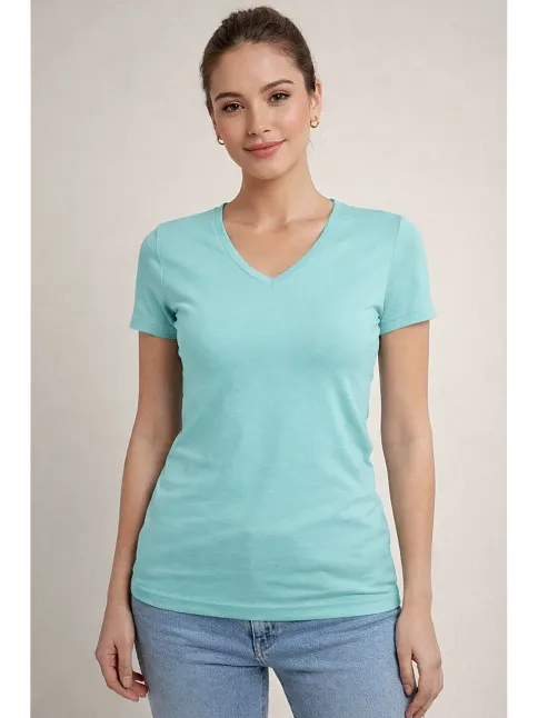 Kadın T-shirt V Yaka Slim Fit Likralı Tişört Günlük Basic Body - Turkuvaz