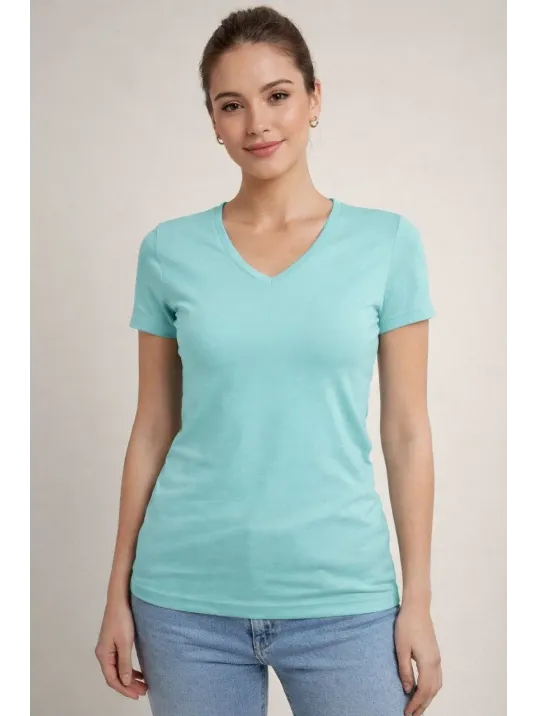 Kadın T-shirt V Yaka Slim Fit Likralı Tişört Günlük Basic Body - Turkuvaz Kadın T-shirt V Yaka Slim Fit Likralı Tişört Günlük Basic Body - Turkuvaz