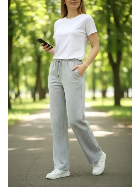 Kadın Düz Paça Beli Lastikli İpli Günlük Spor Eşofman Altı Rahat Fit - Gri Kadın Düz Paça Beli Lastikli İpli Günlük Spor Eşofman Altı Rahat Fit - Gri