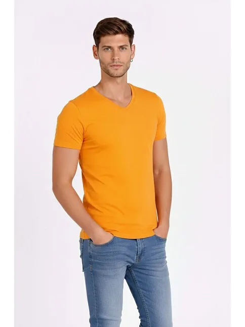 Erkek T-shirt V Yaka Slim Fit Dar Kesim Likralı Tişört Günlük Basic Body - Sarı