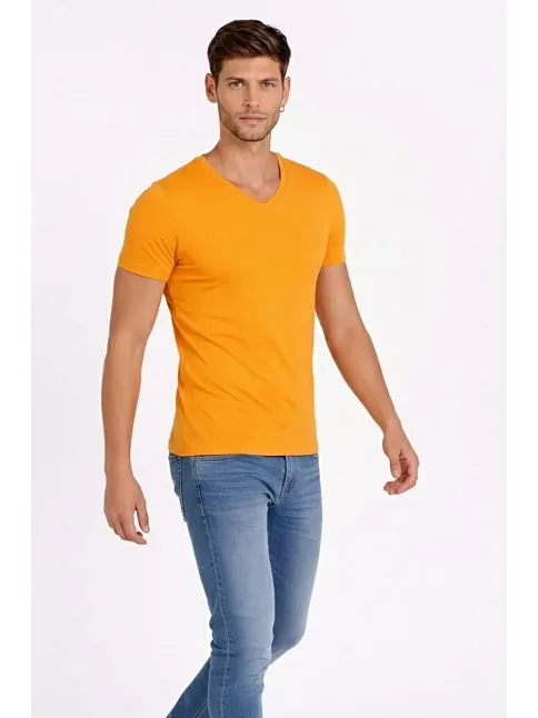 Erkek T-shirt V Yaka Slim Fit Dar Kesim Likralı Tişört Günlük Basic Body - Sarı