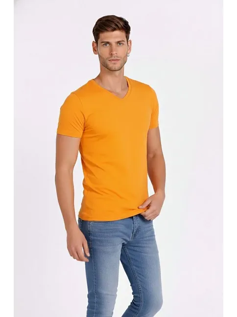 Erkek T-shirt V Yaka Slim Fit Dar Kesim Likralı Tişört Günlük Basic Body - Sarı