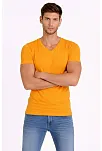 Erkek T-shirt V Yaka Slim Fit Dar Kesim Likralı Tişört Günlük Basic Body - Sarı