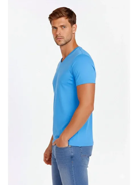 Erkek T-shirt V Yaka Slim Fit Dar Kesim Likralı Tişört Günlük Basic Body - Açık Mavi
