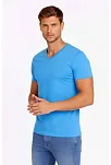 Erkek T-shirt V Yaka Slim Fit Dar Kesim Likralı Tişört Günlük Basic Body - Açık Mavi