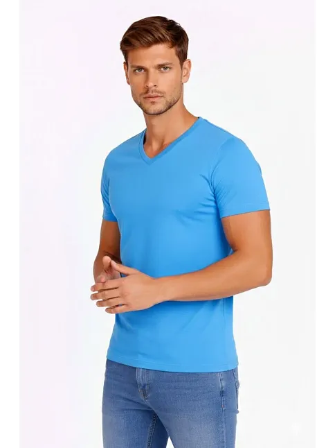 Erkek T-shirt V Yaka Slim Fit Dar Kesim Likralı Tişört Günlük Basic Body - Açık Mavi