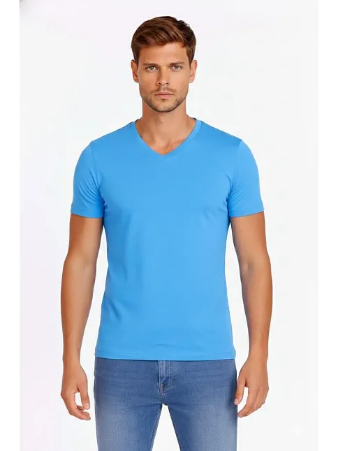 Erkek T-shirt V Yaka Slim Fit Dar Kesim Likralı Tişört Günlük Basic Body - Açık Mavi