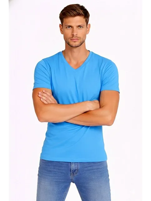 Erkek T-shirt V Yaka Slim Fit Dar Kesim Likralı Tişört Günlük Basic Body - Açık Mavi