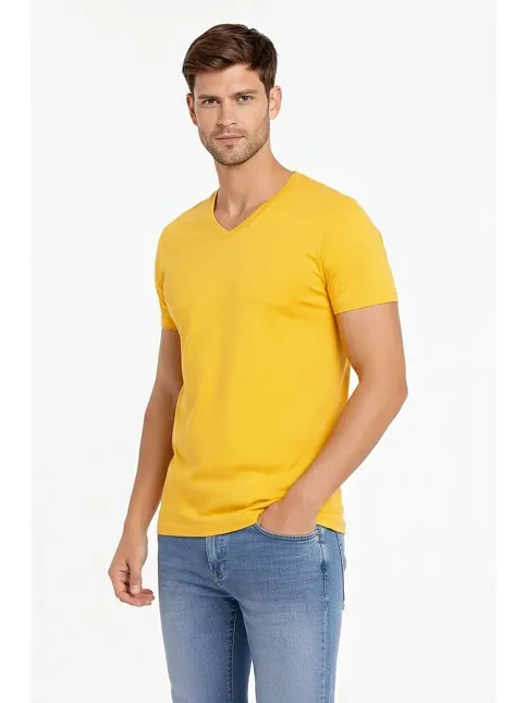 Erkek T-shirt V Yaka Slim Fit Dar Kesim Likralı Tişört Günlük Basic Body - Limon
