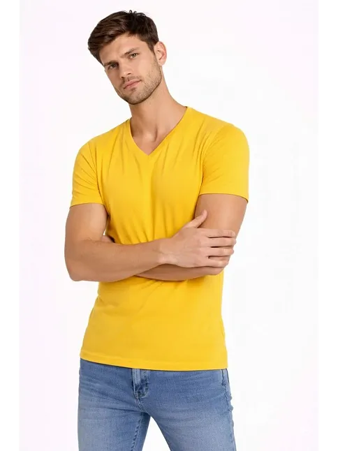 Erkek T-shirt V Yaka Slim Fit Dar Kesim Likralı Tişört Günlük Basic Body - Limon