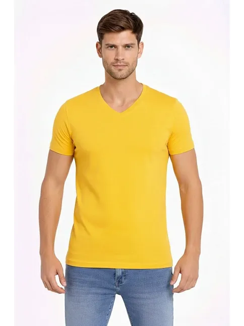 Erkek T-shirt V Yaka Slim Fit Dar Kesim Likralı Tişört Günlük Basic Body - Limon