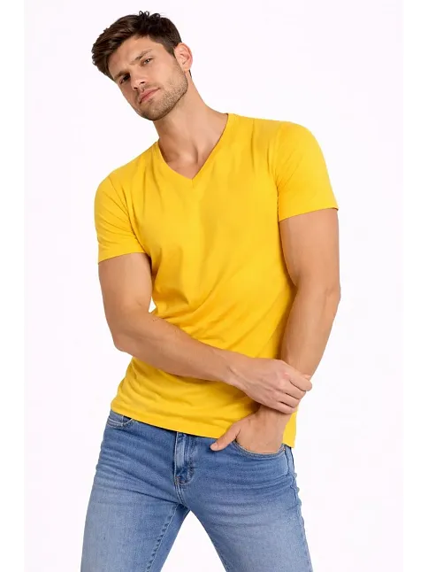 Erkek T-shirt V Yaka Slim Fit Dar Kesim Likralı Tişört Günlük Basic Body - Limon