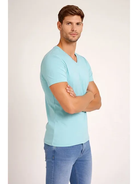 Erkek T-shirt V Yaka Slim Fit Dar Kesim Likralı Tişört Günlük Basic Body - Turkuvaz