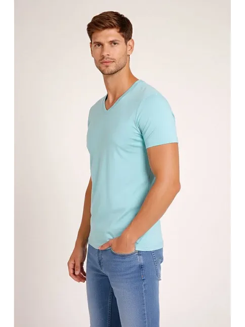Erkek T-shirt V Yaka Slim Fit Dar Kesim Likralı Tişört Günlük Basic Body - Turkuvaz