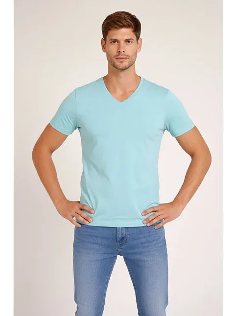 Erkek T-shirt V Yaka Slim Fit Dar Kesim Likralı Tişört Günlük Basic Body - Turkuvaz